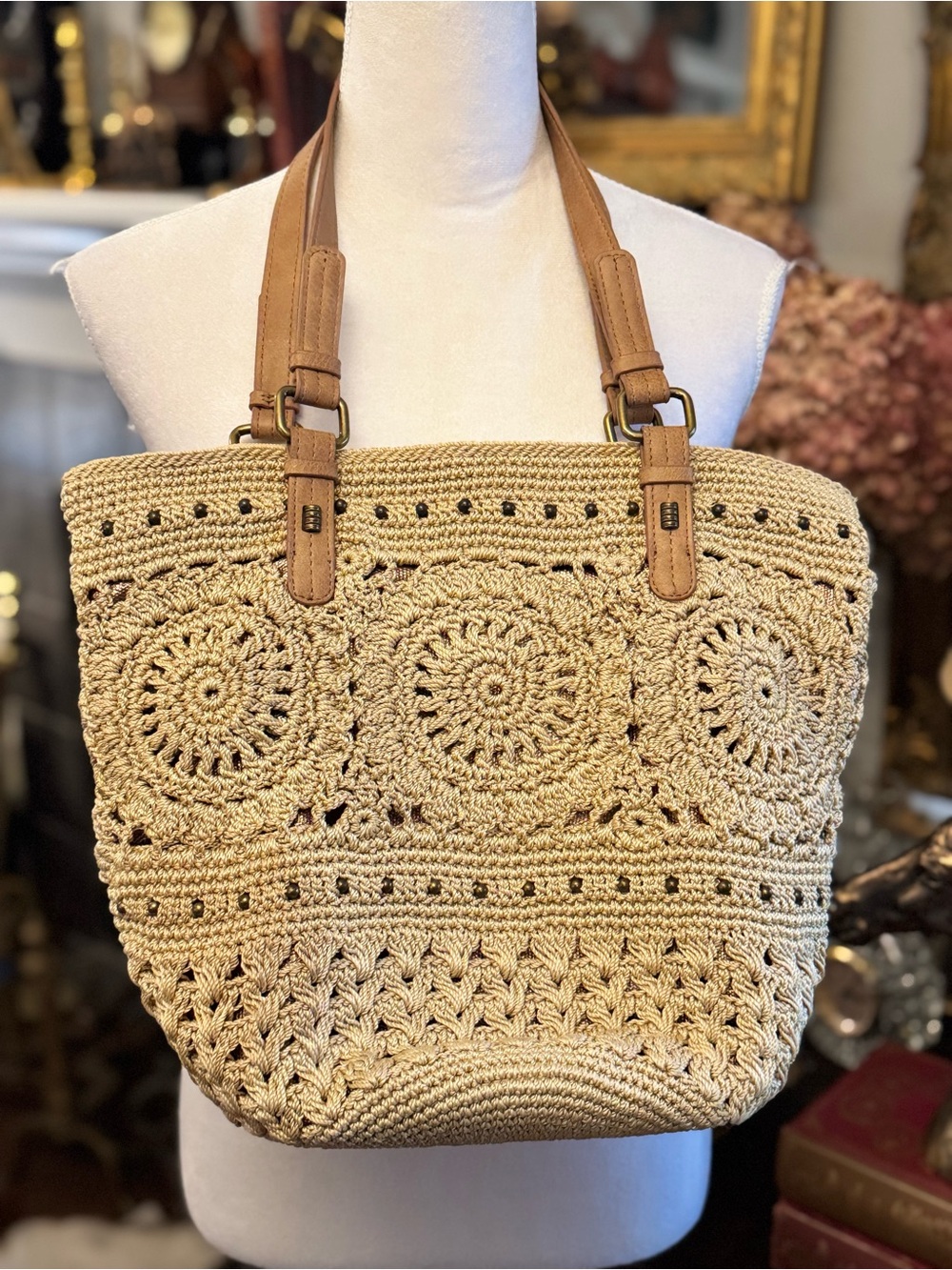 THE SAK Handbag Silverwood Crochet Shopper Beige Purse / HTF Boho Bucket Bag. - Picture 2 of 6